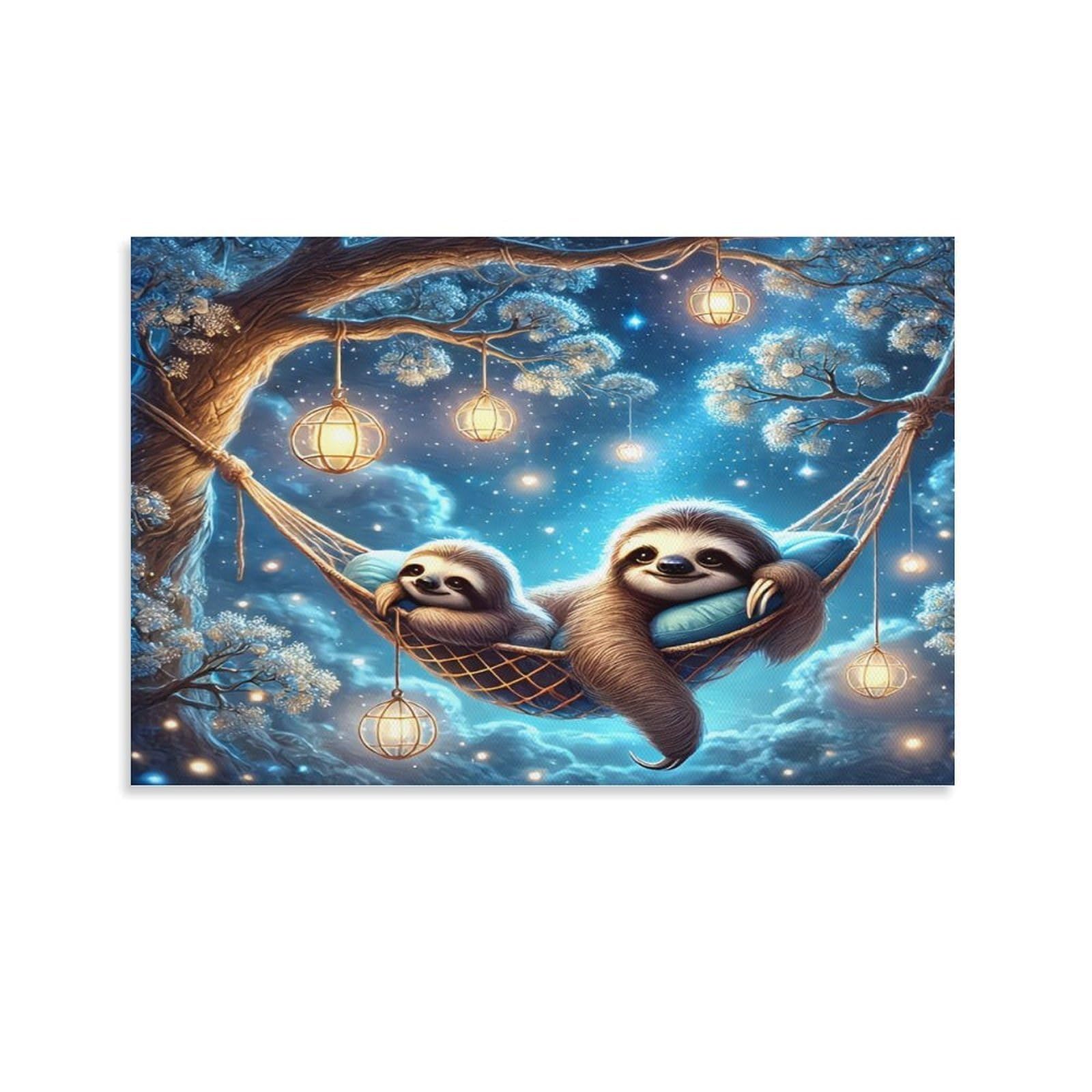 CPLVKWRQJ Sloths in Hammock Night Single Piece Two Sloths Relaxing Hammock Starry Night Woods Canvas Wall Decor - Office Canvas Print Fade Resistant Wall Focal Art Decor 12x18inch(30x45cm)
