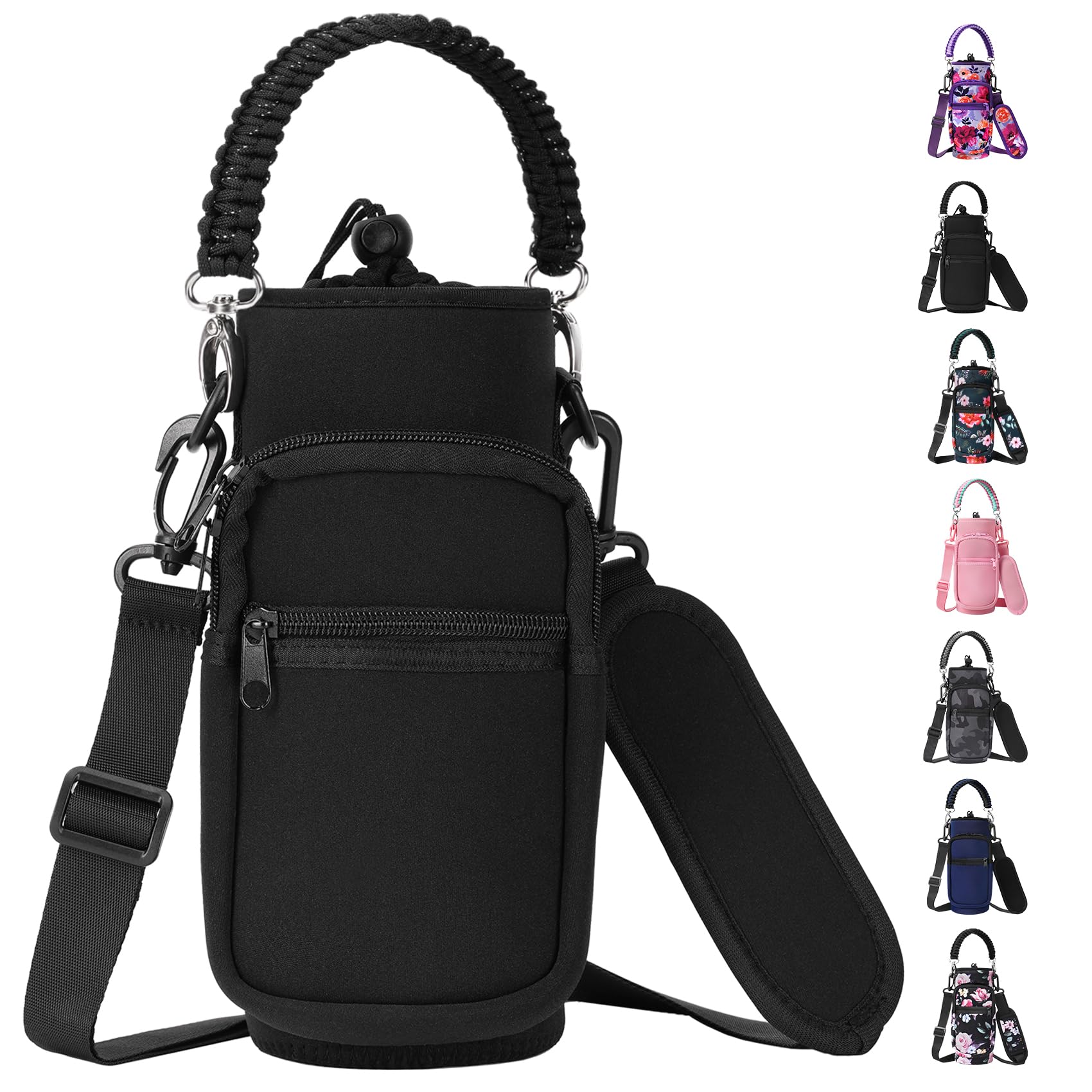 32/40/64/128 oz Neoprene Insulated Water Bottle Carrier Bag, Sling Bag Sleeve Pouch Holder with Strap & Paracord Handle and 2 Pocket for Travelling, Hiking, Camping