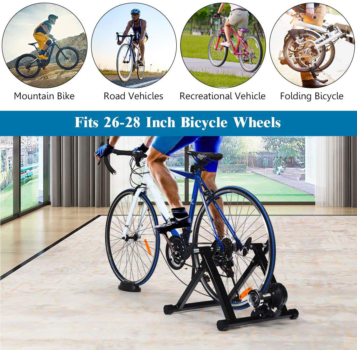 Rodillo de entrenamiento para bicicletas, rodillo de entrenamiento para bicicletas de 26-28 pulgadas, bicicleta estática plegable, cargable hasta 150 kg, fabricado en acero, incl. Soporte Rueda D