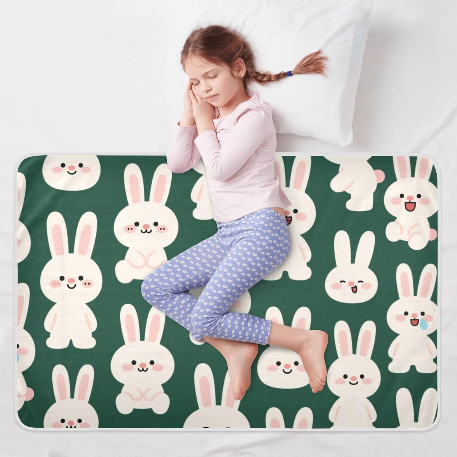 Cartoon Cute White Rabbit Extra Large Resuable Toddler Mattress Pads Soft Absorbent Potty Training Mats Non-Slip Incontinence Pads for Kids Adults Pets , 52" L x 34" W