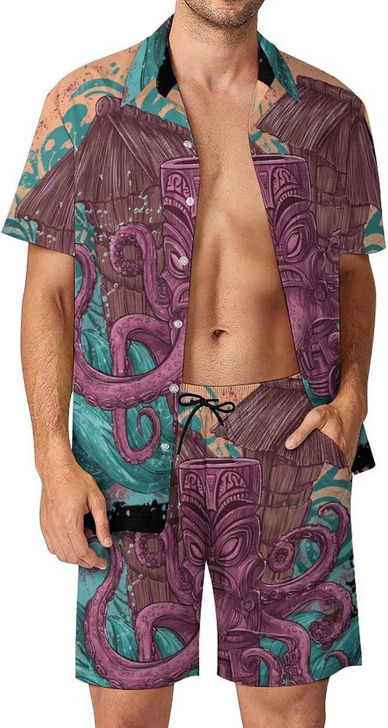 Hawaii Tiki Octopuss Men's Summer Beach 2 Piece Outfits | hawaiian button down shirt and shorts,vacation cruise,mens bathing suit