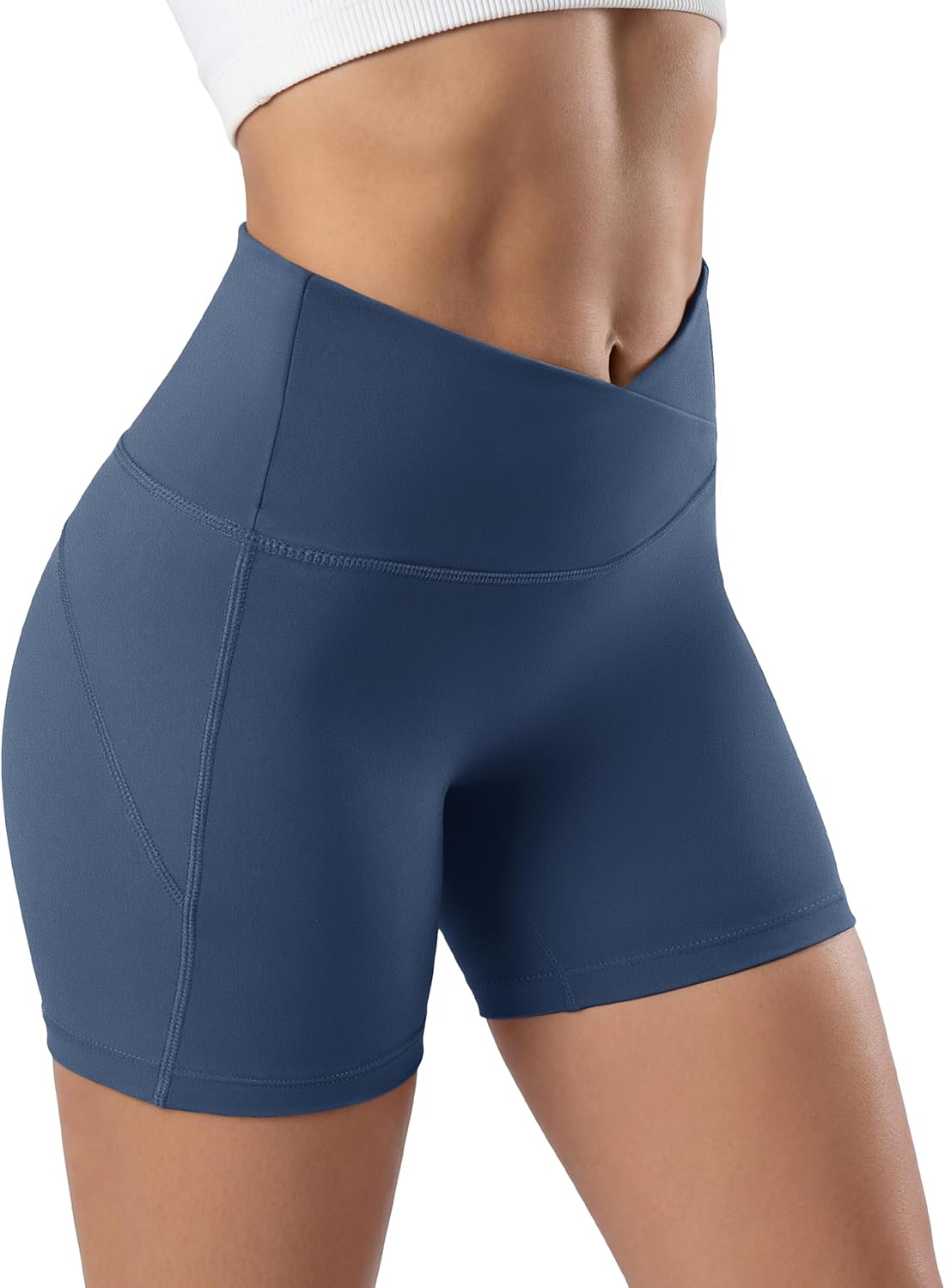 MAGCOMSEN Crossover Biker Shorts Women 4" No Front Seam High Waist Tummy Control Yoga Workout Gym Shorts Back Pocket