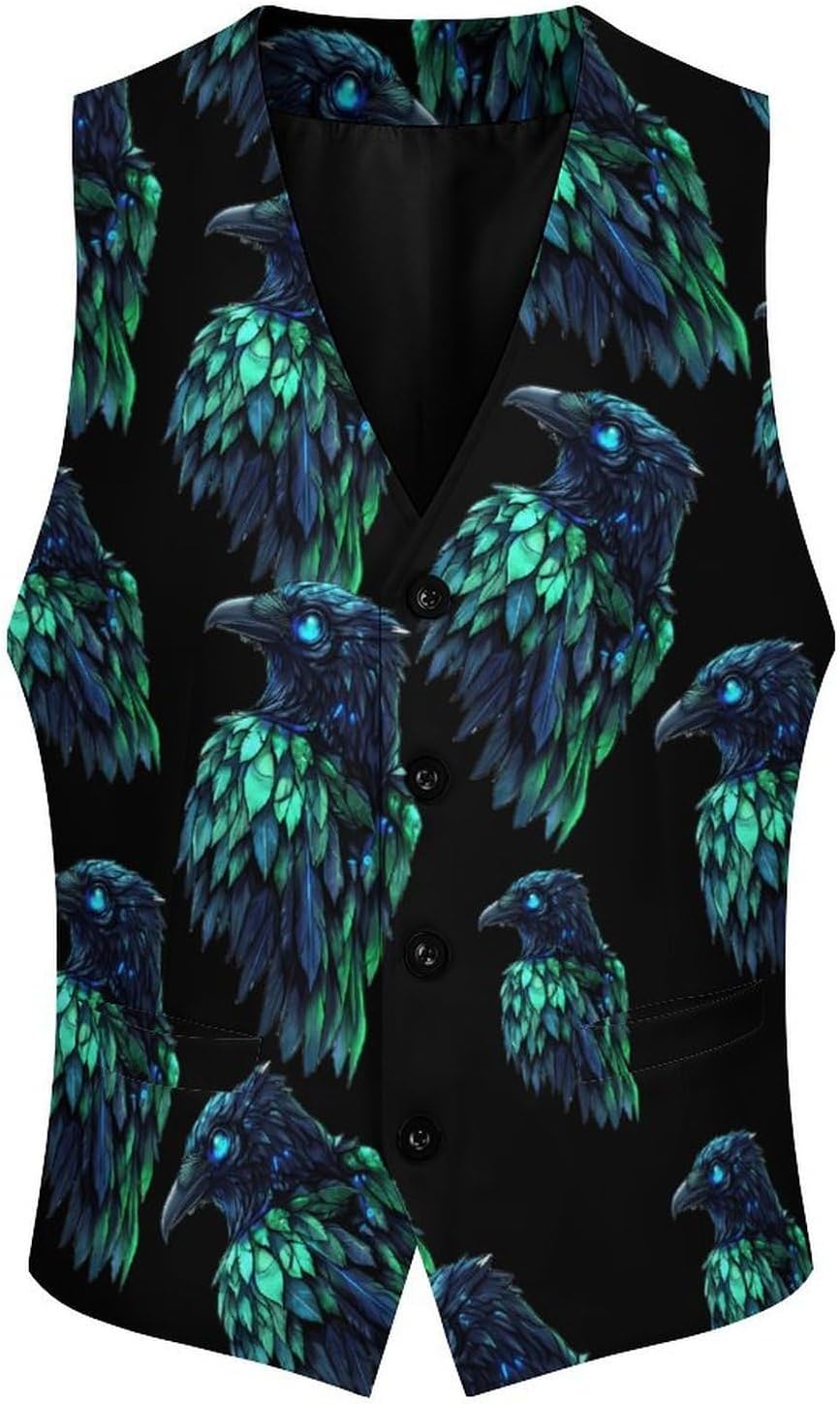 Holographic Crows Ravens Suit Vest for Men Casual Business Tuxedo Slim Fit Suit Vests Lightweight Waistcoat