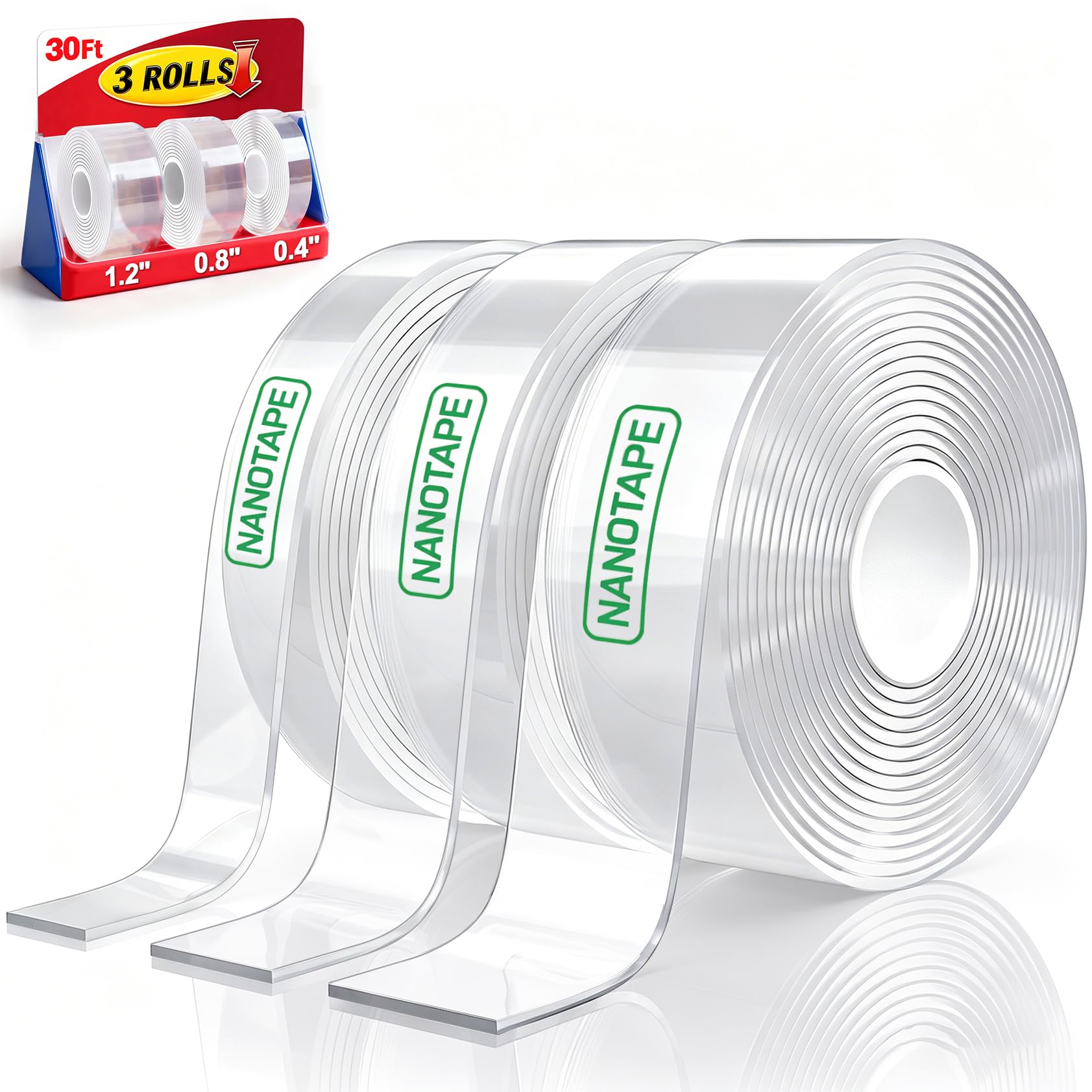 3 Rolls Double Sided Tape Heavy Duty - Total 30FT Extra Strong Nano Tape Adhesive Strips Filament Tape