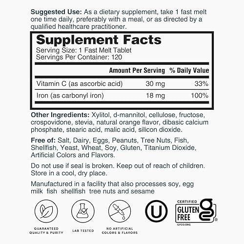 Miniatura 6 de Nature's Lab Hierro Plus Vitamina C Fast Melt Tabletas - Suave con el estómago Carbonil Hierro, Alta Absorción para Glóbulos Rojos Saludables* - 120