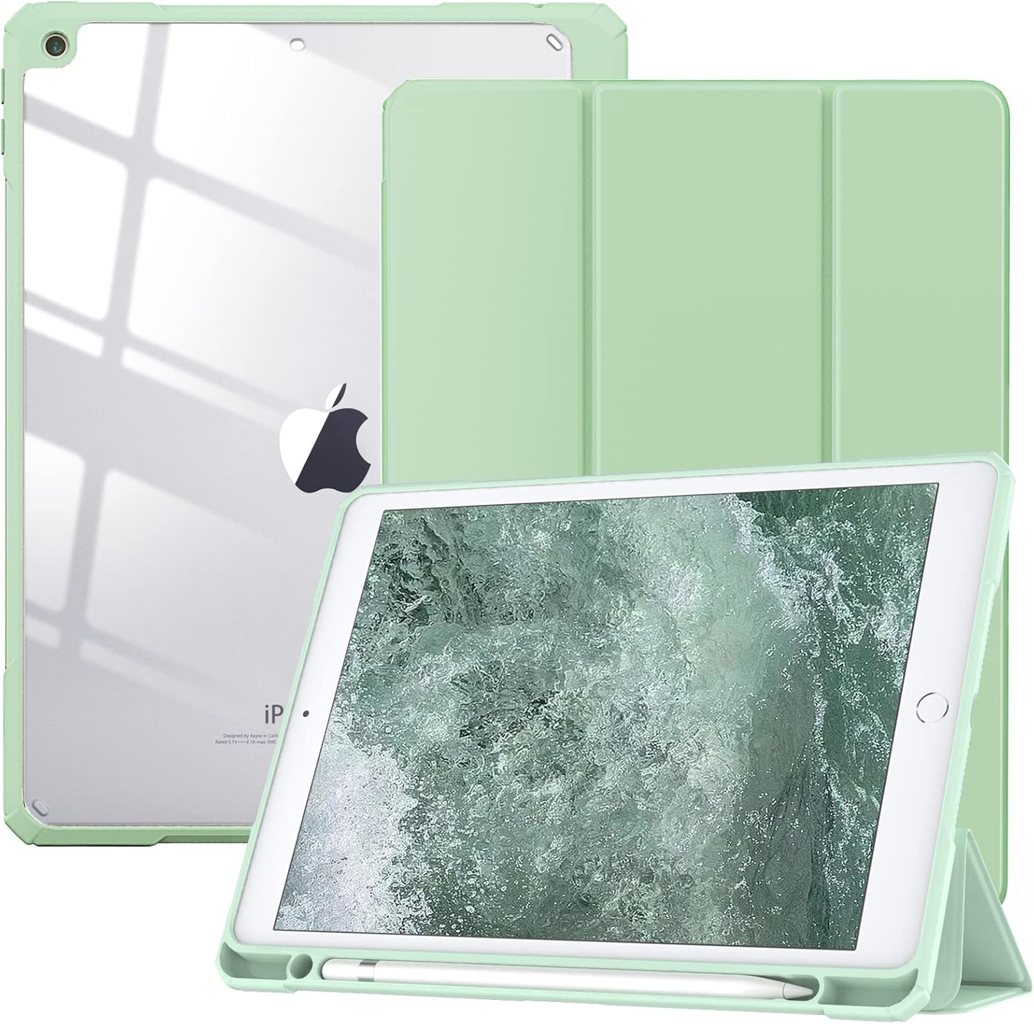 TiMOVO Case for iPad 9th Generation 2021/iPad 8th Generation 2020/iPad 7th Generation 2019 10.2 inch with Pencil Holder, Slim Protective Cover with Clear Back Shell, Auto Wake/Sleep, Green