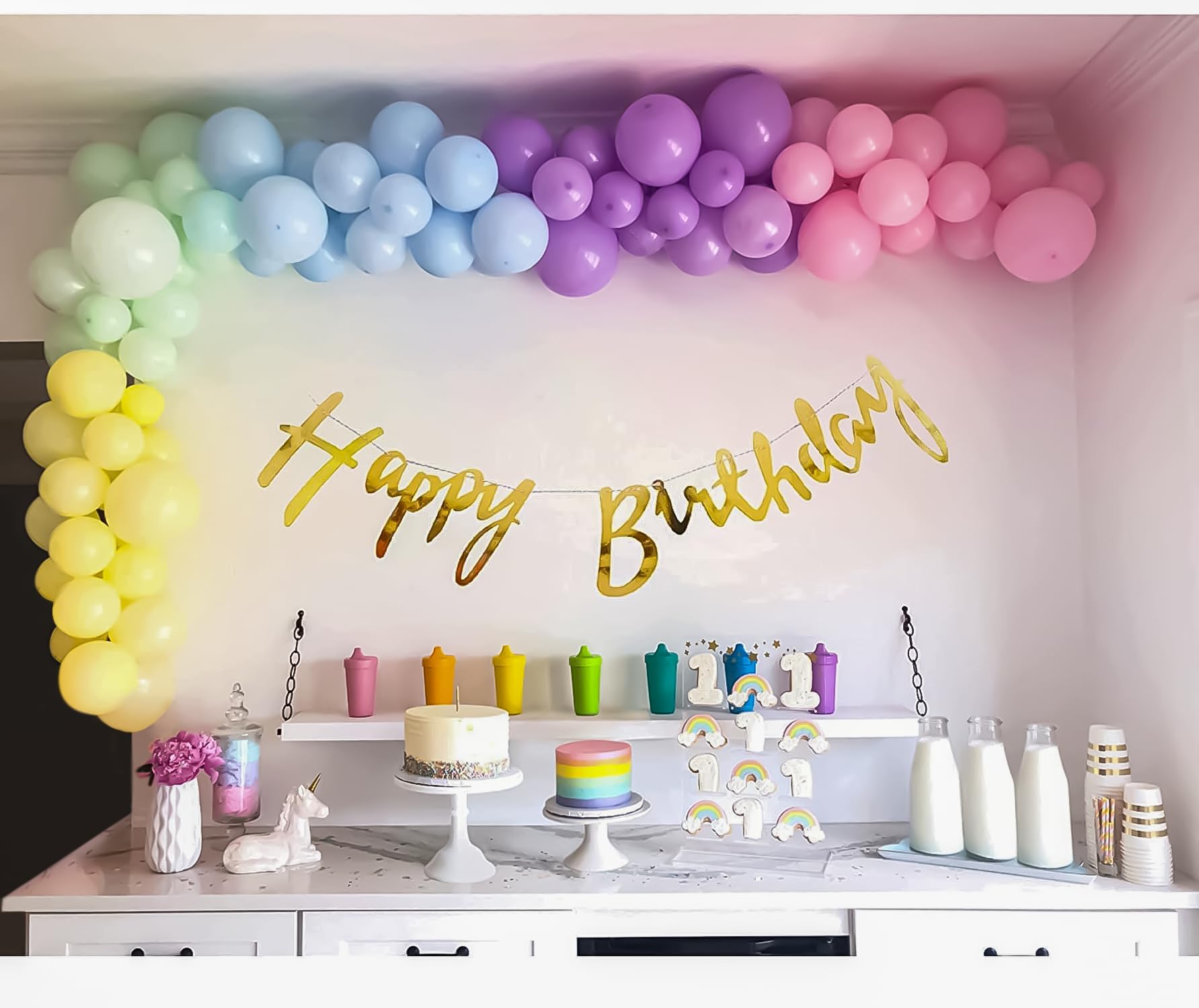 SpecialYou.in Rainbow Theme Happy Birthday Decorations DIY Kit Combo for Girls and Women with Pastel Pink, Blue, Green, Yellow, Peach and Purple Balloons & Gold Cursive HBD Banner- Pack of 53 Items