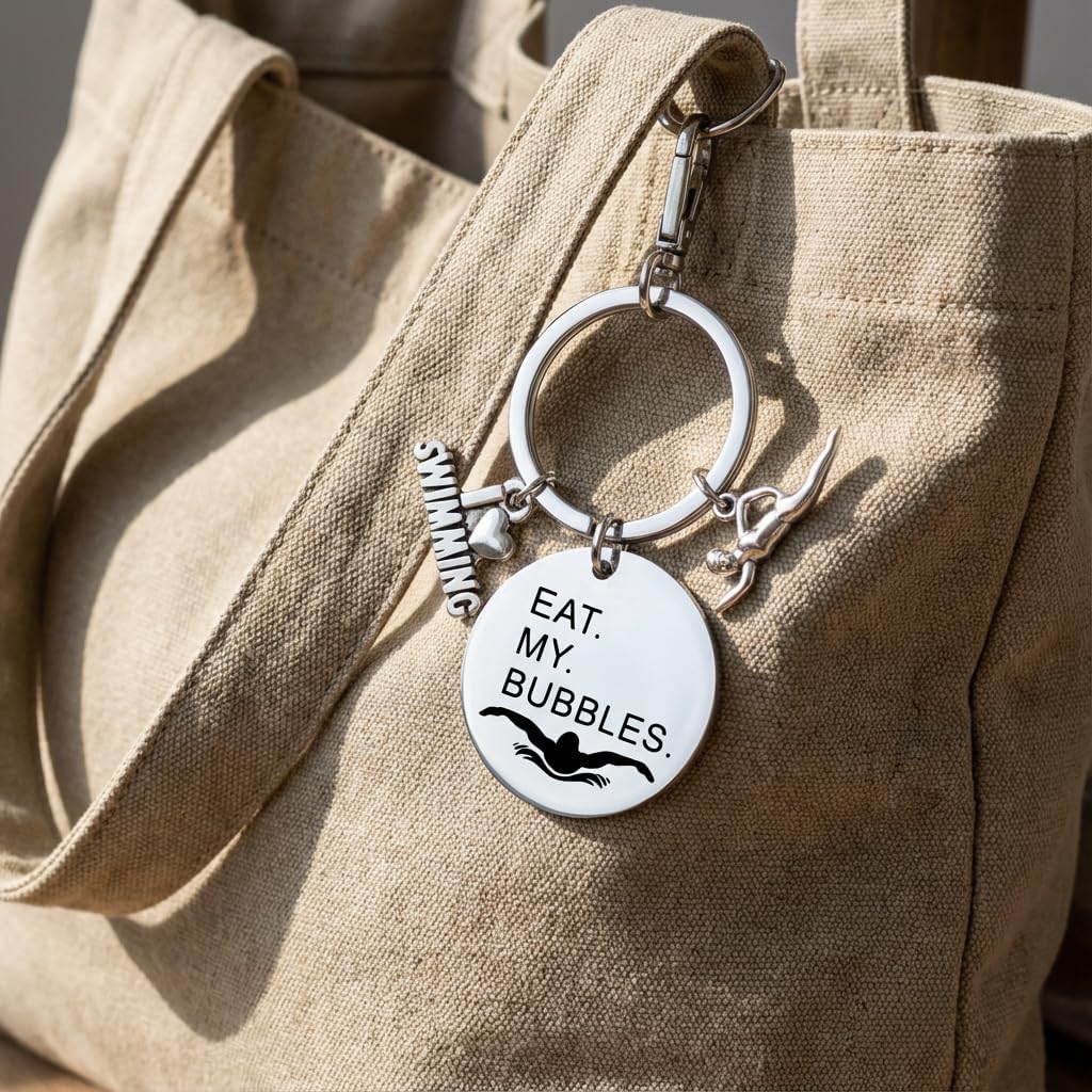 Swimming Keychain – Inspiratiional Keychains Bag Charms for Women with EAT. MY. BUBBLES. Quote, Cool Key Chains Gifts for Swimming Lovers, Swimmers, Swim Teams