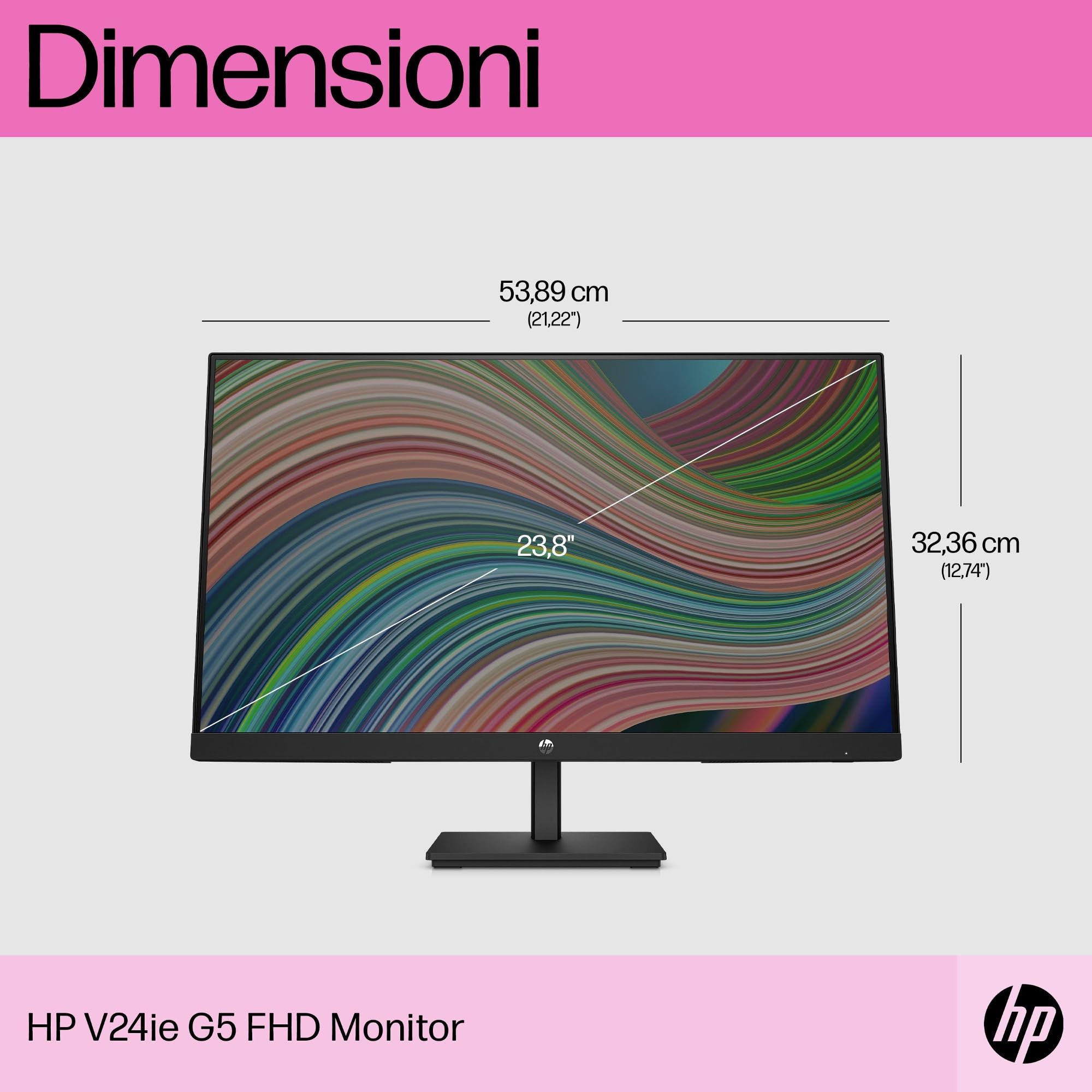 HP V24iE G5 Monitor Full HD da 24" (1920 x 1080, 75 Hz, 5 ms, IPS, 16:9), AMD FreeSync, luce blu bassa, HDMI, VGA, DisplayPort, Joypad OSD, antiriflesso, inclinazione regolabile, nero