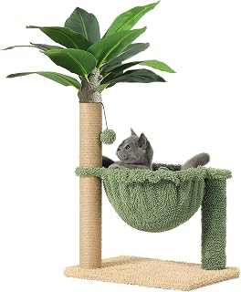MSmask Cat Scratching Post with Leisure Hammock, Cat Tree with Artificial Palm Leaves, Outdoor Experiences for Indoor Cats and Kittens, Dangling Ball, Cozy Plush