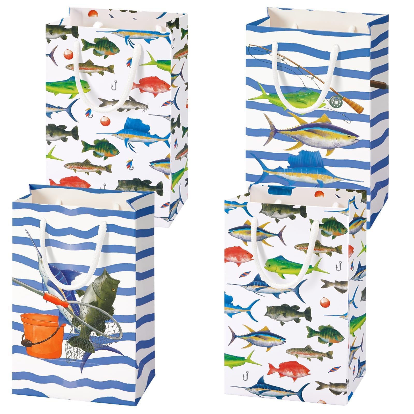 WERNNSAI 16PCS Gone Fishing Party Goodie Bags - Fishing Candy Gift Bags with Handle for Boys Litter Fisherman Birthday Supplies Favor Paper Treat Bag