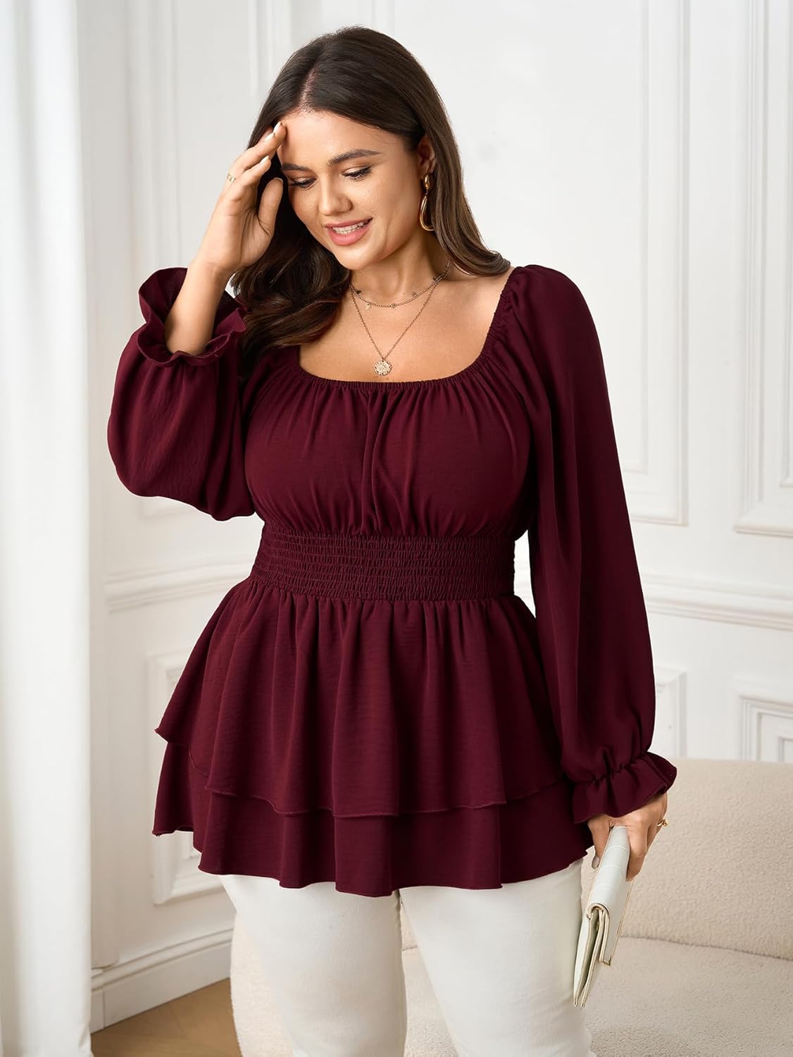 SCOMCHIC Womens Plus Size Peplum Tops Square Neck Long Sleeve Blouses Layered Ruffle Hem Smocked Casual Babydoll Top - Image 4
