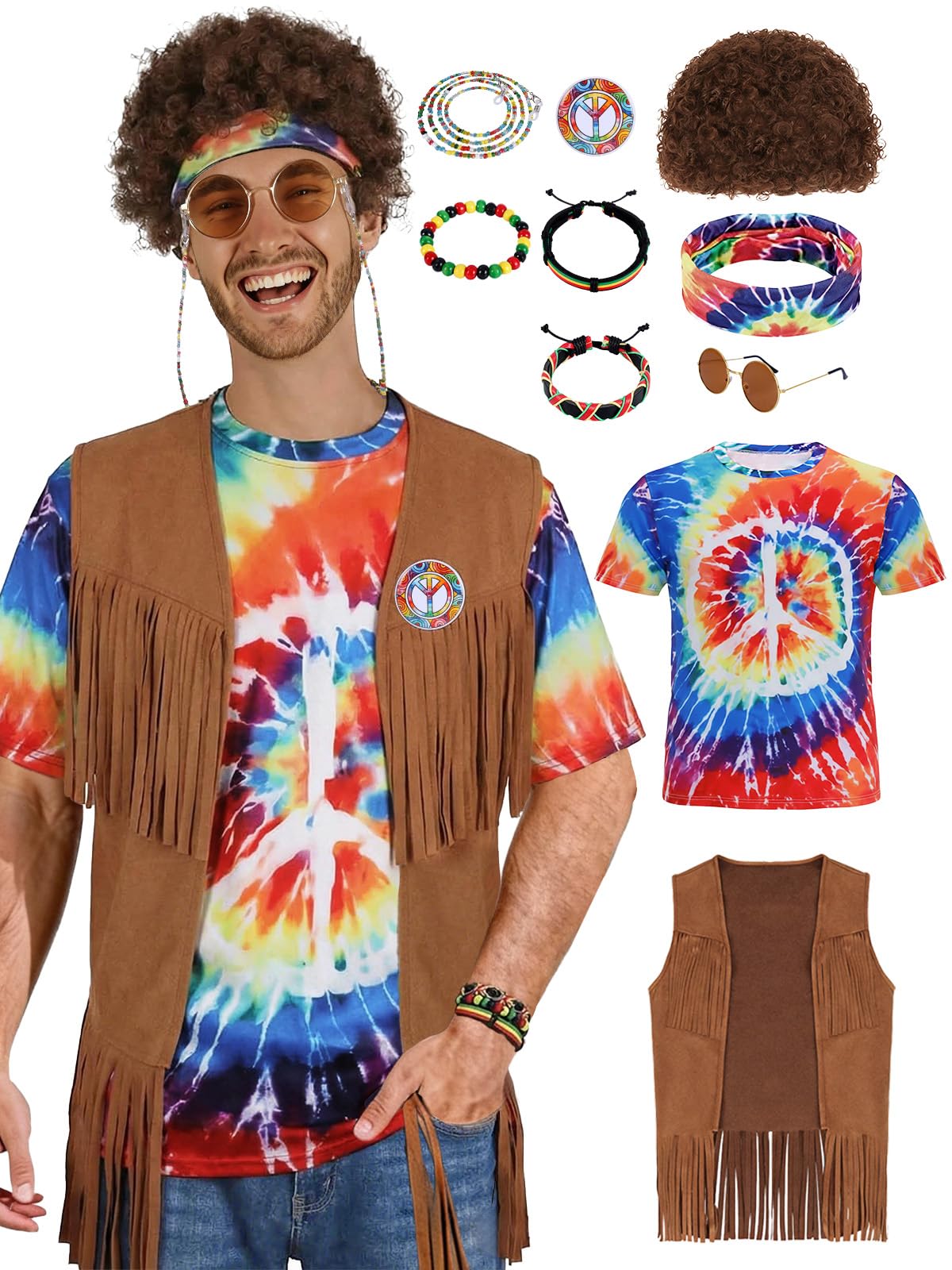 70s Outfits for Men - 10 Pcs Hippie Costume with Tie Dye Shirt Fringe Vest Accessories 60s 70s