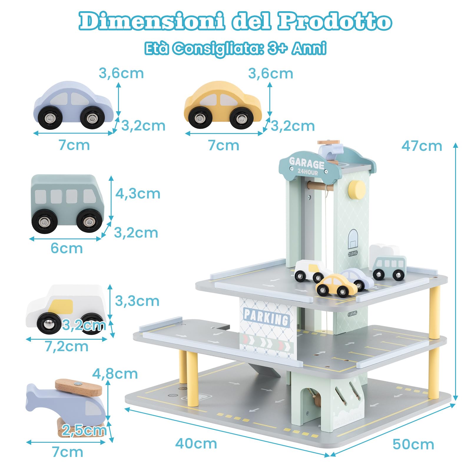 RELAX4LIF Garage per Bambini con 4 Macchinine e 1 Elicottero, Garage di Parcheggio a 3 Piani con Ascensore, Autolavaggio e Distributore di Benzina