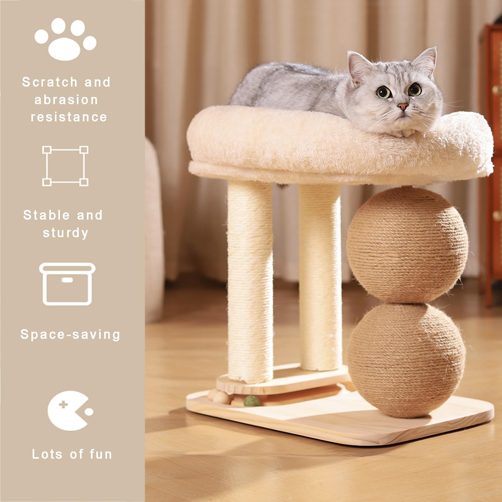 Kratzbaum Turm mit Massivholzsockel, Tragbares Design, rutschfeste kompakte Struktur, 2 Sisal-Kratzstämme, Top Katzennest, ideal für Indoor-Katzen