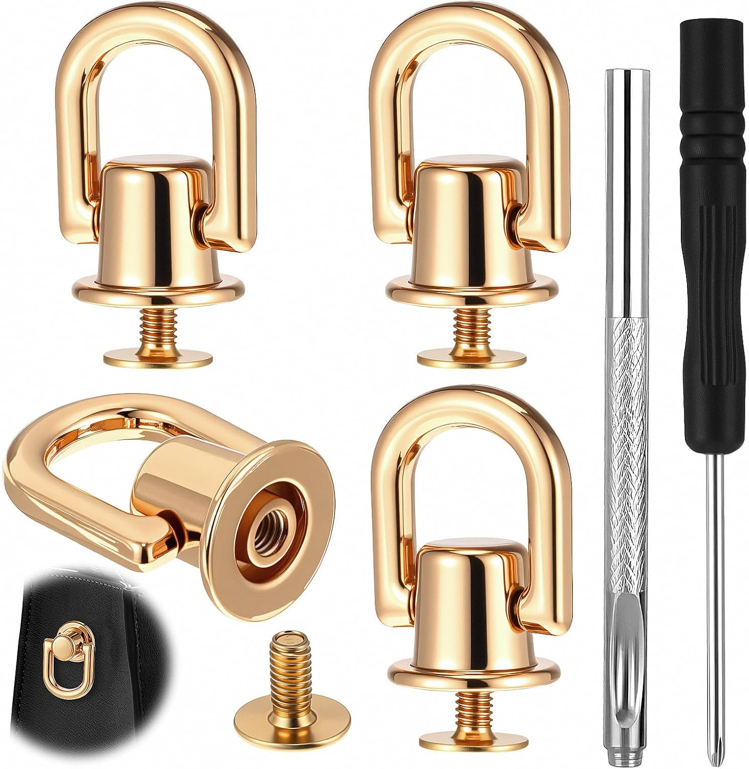 4PCS D Rings for Purse, 360 Degree Rotatable D Ring Stud Screw Rivets, Crossbody Conversion Kit, Metal Bag Hardware for Leather Purse Straps Handbag DIY Craft