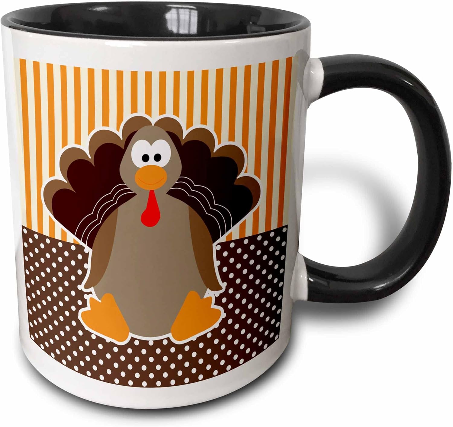 3dRose mug_110660_4 "Cute Cartoon Turkey On Orange And Brown Pattern" Two Tone Mug, Black/White, 11 oz