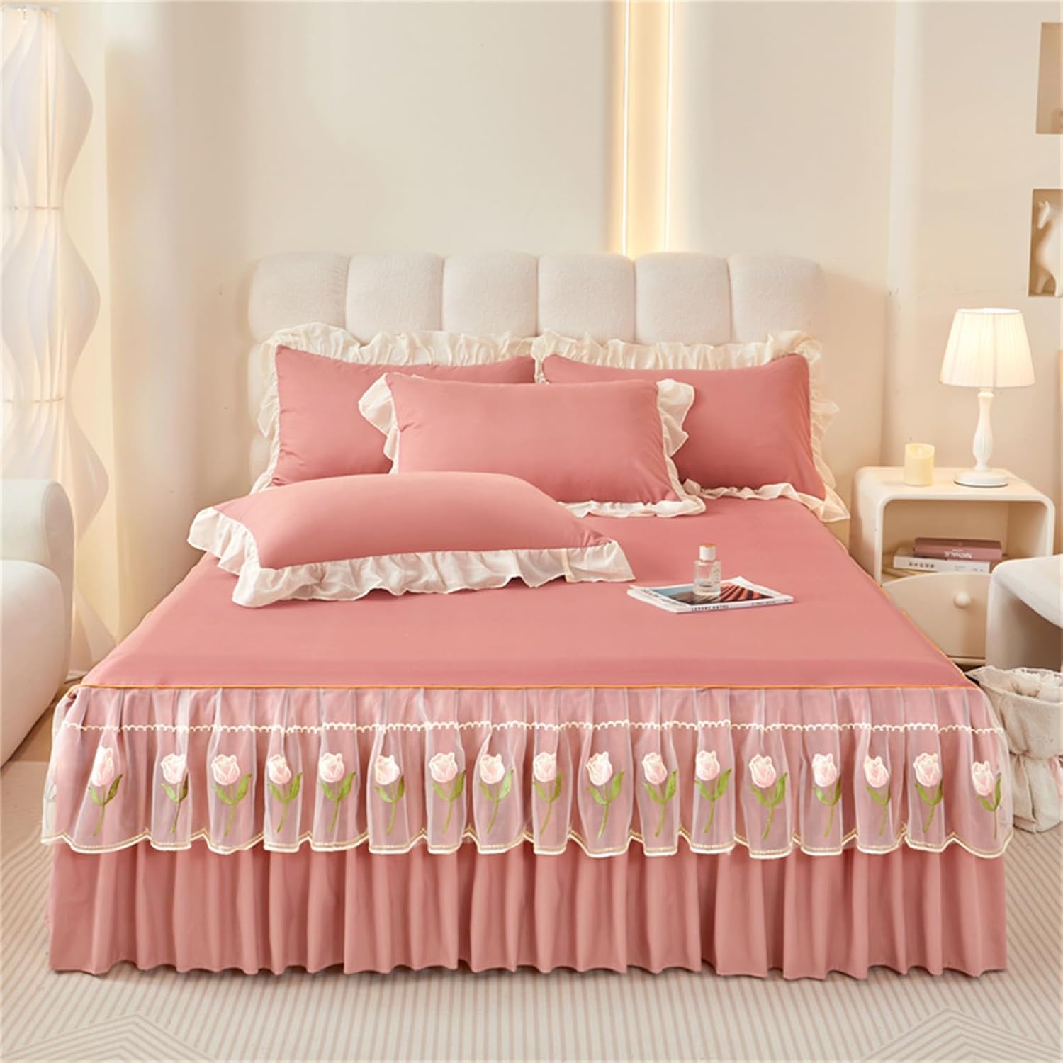 Drap-housse moderne rose 200x220cm anti-glissement avec jupe de lit plissée tulipe