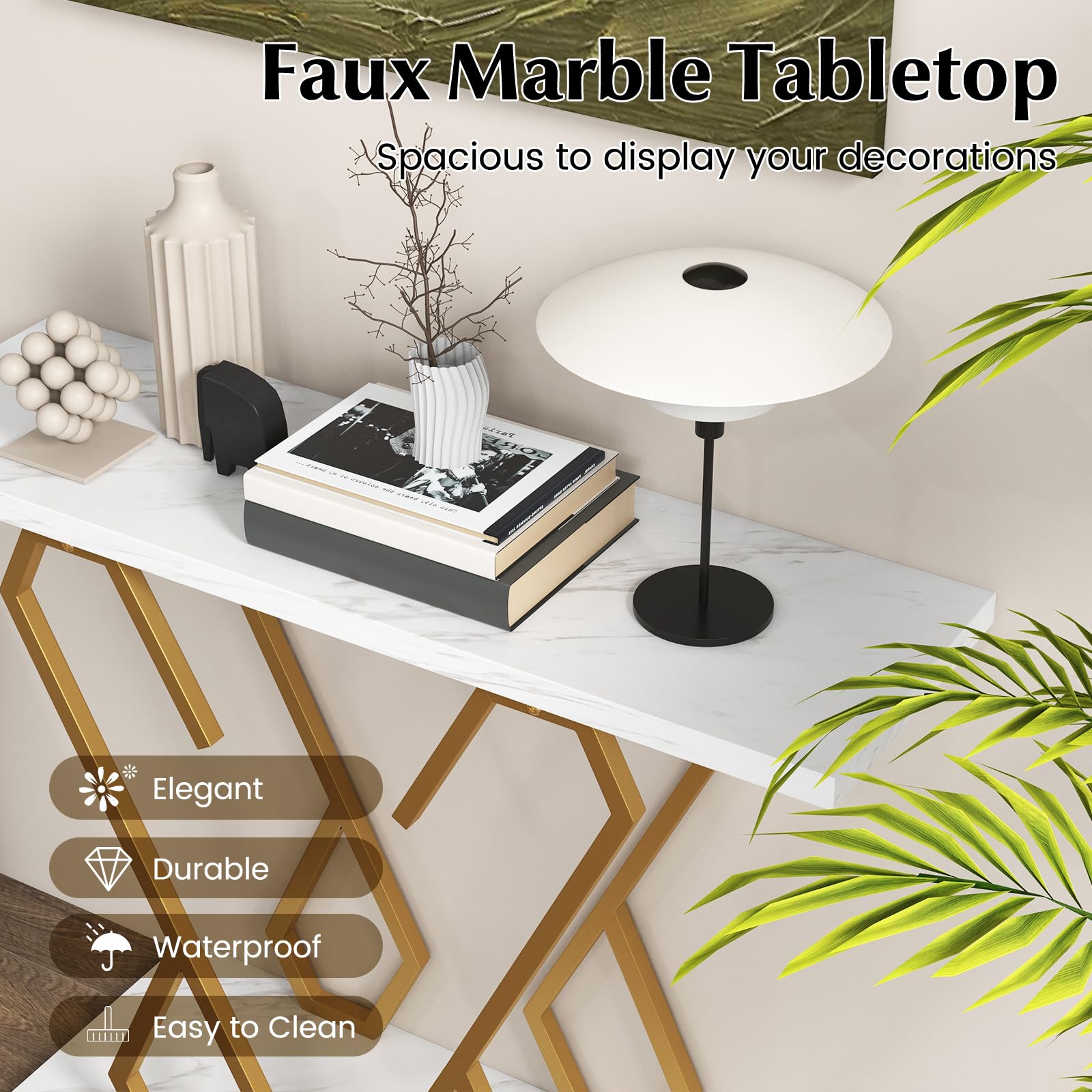 FANTASK Table Console en Forme de Papillon, 100 x 30 x 79 cm, Table de Couloir, Aspect marbre avec Cadre en métal, Table d'entrée étroite pour entrée, Salon (doré + Blanc)