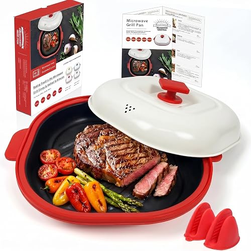 AHJ Microwave Grill Pan with Lid for Meat, Browning and Crisping, Red | Nonstick Grill Plate with Even Heating for Fast Cooking and Crispy Results, Ideal for Bacon, Pizza, Sandwiches and More