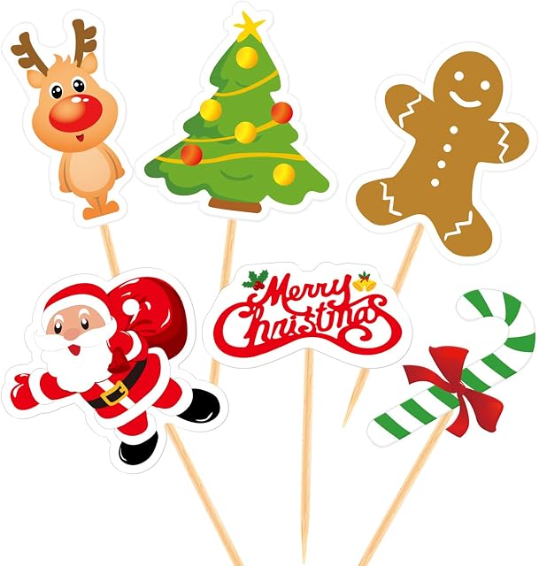 FEPITO 60 Pieces Christmas Cupcake Toppers Picks Merry Christmas Toothpick Flags for Christmas Cake Decorations Christmas Party Holiday Supplies