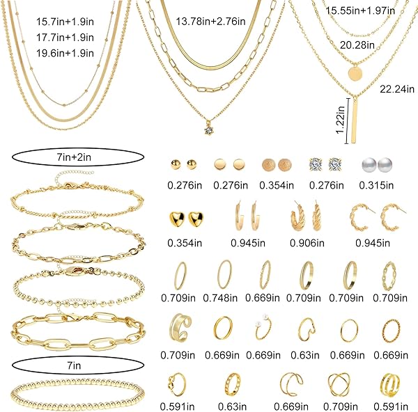 Joyas de Mujer - Set de 40 Piezas: Brazalete Dorado, Cadena y Collar Oro, Gargantilla y Choker Dorado, Bisutería, Joyería y Colgante para Mujeres, Oro - 2