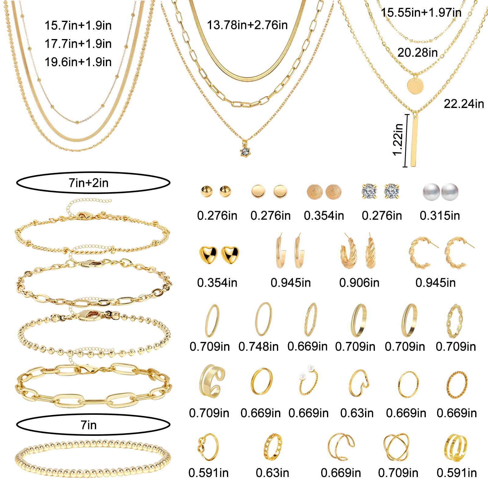Joyas de Mujer - Set de 40 Piezas: Brazalete Dorado, Cadena y Collar Oro, Gargantilla y Choker Dorado, Bisutería, Joyería y Colgante para Mujeres, Oro - 3