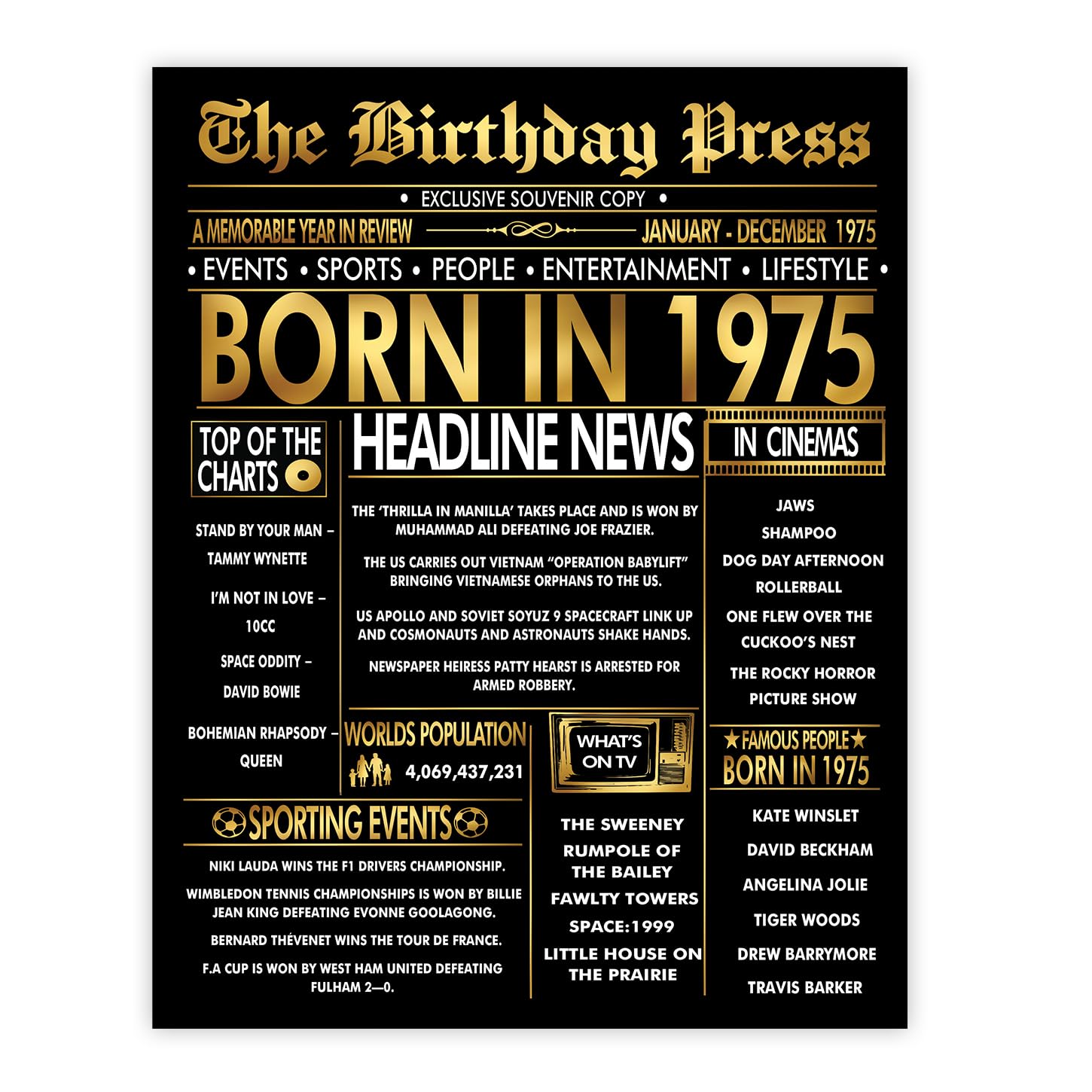 Stuff4 Gold 51st Birthday Poster Unframed - Golden Born In 1975 Newspaper - Happy 51 Birthday for Men Women Retro Vintage Gifts Back In 1975, 8x10 Inch Bday Party Decor Decoration
