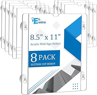 EHWINE Acryl-Fensterschilderhalter, 21,6 x 27,9 cm, mit 4 Saugnäpfen, transparenter Acrylrahmen, Glastür, Wandhalterung, Werbung, Schilderhalter für Geschäft, Schule, Büro, Zuhause, 8 Stück