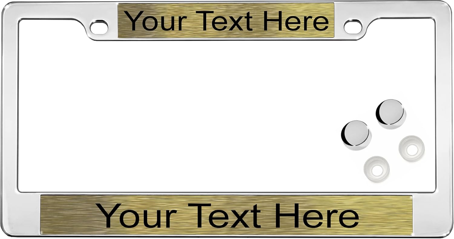 Custom Personalized Flat Shape Chrome Metal Car License Plate Frame with Free caps - Gold/Black