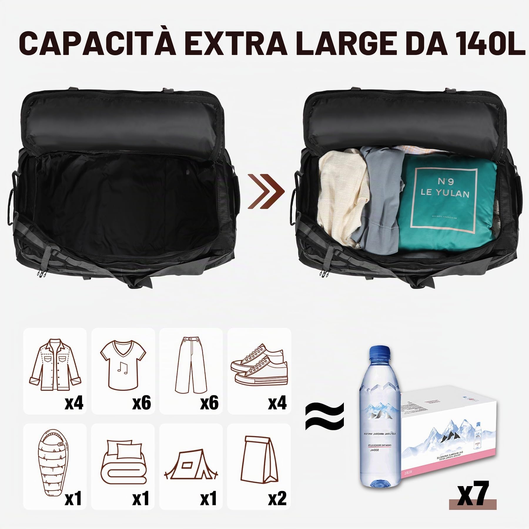 REDCAMP Borsone con ruote, grande borsone pieghevole da viaggio con rulli, nero, 85L/120L/140L, 140 l-nero