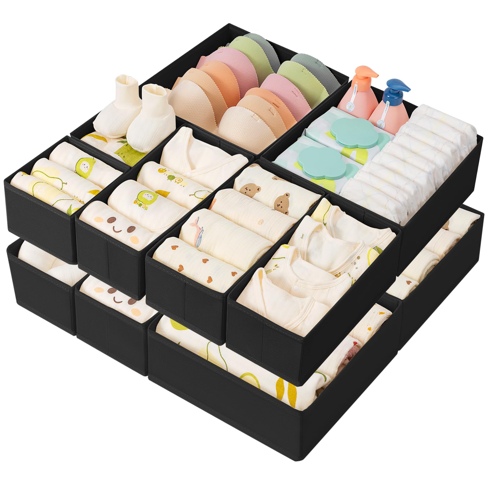DIMJ Organizer na bieliznę – szuflady na ubrania Drawer organizer na ubrania, 12 sztuk, pudełko do przechowywania szuflad, ubrań dziecięcych, spodni, skarpet, czarny