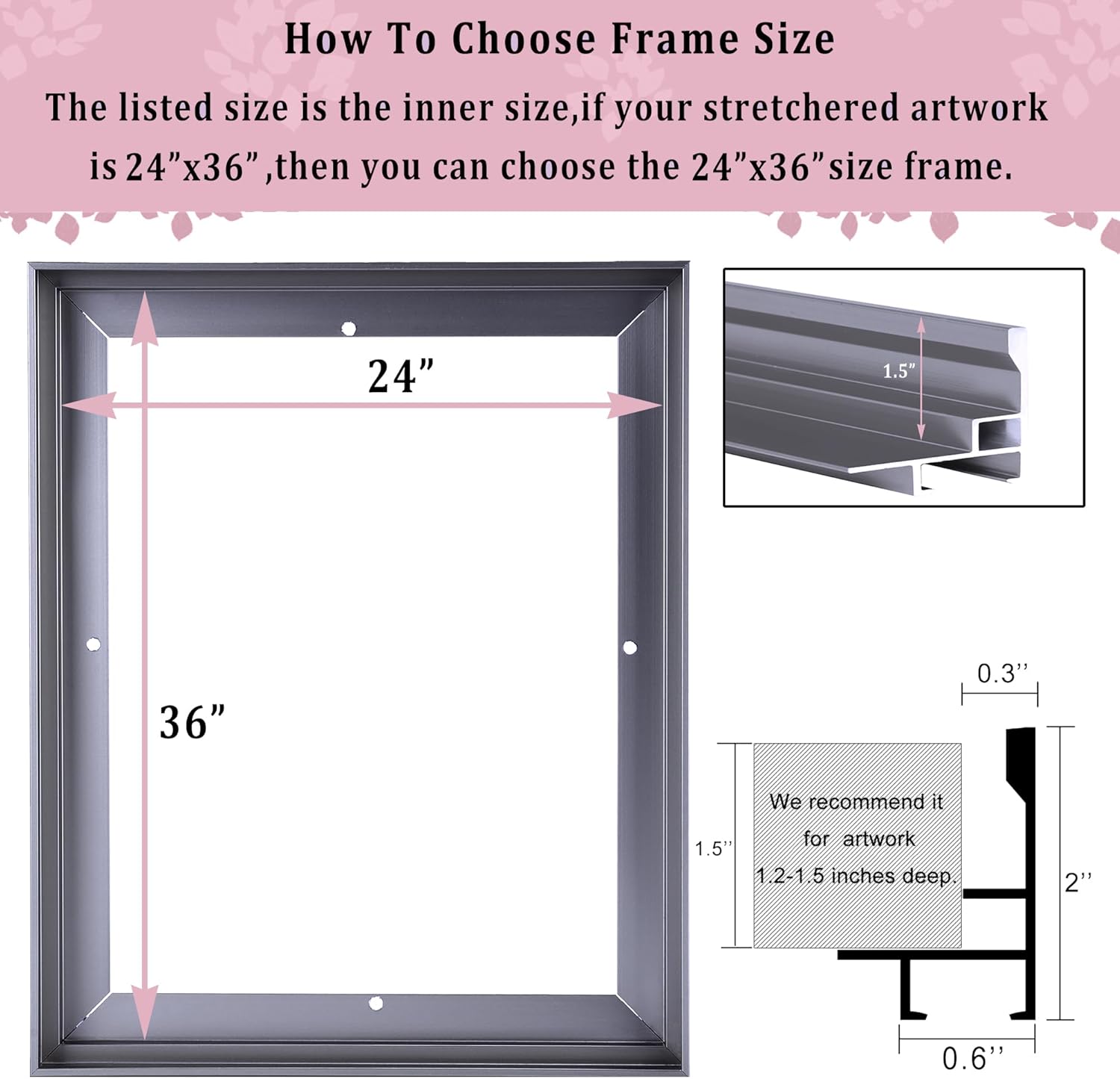 Canvas Frame 24x36, DIY Metal Floater Frames, 1.5" Deep Floating Frames, Floater Frame for Canvas Painting (Grey,24"x36")