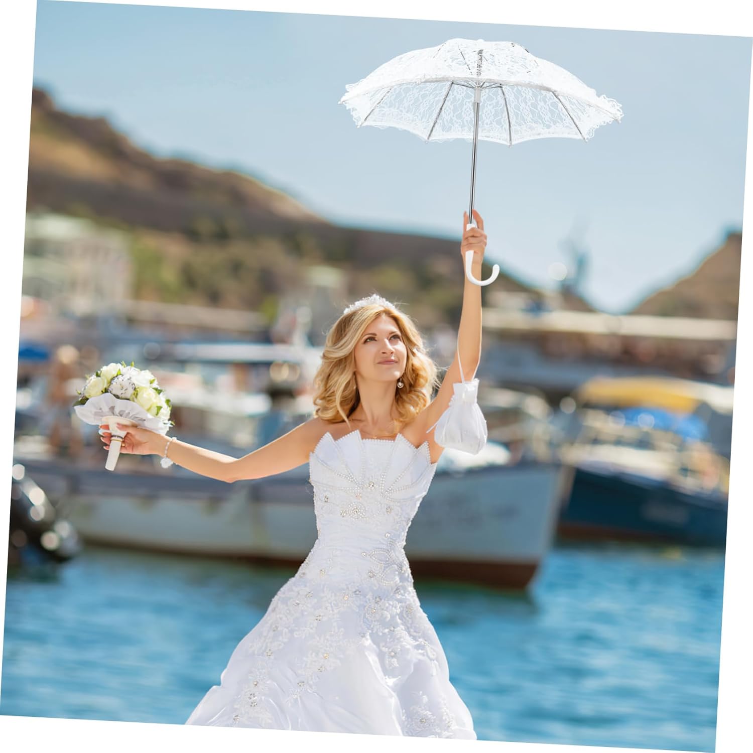 Pcs Wedding Vintage Gothic Lolita White Flower Embroidery Parasol Umbrellas Sun Shade Bridal Centerpieces, White, 50X50X41CM