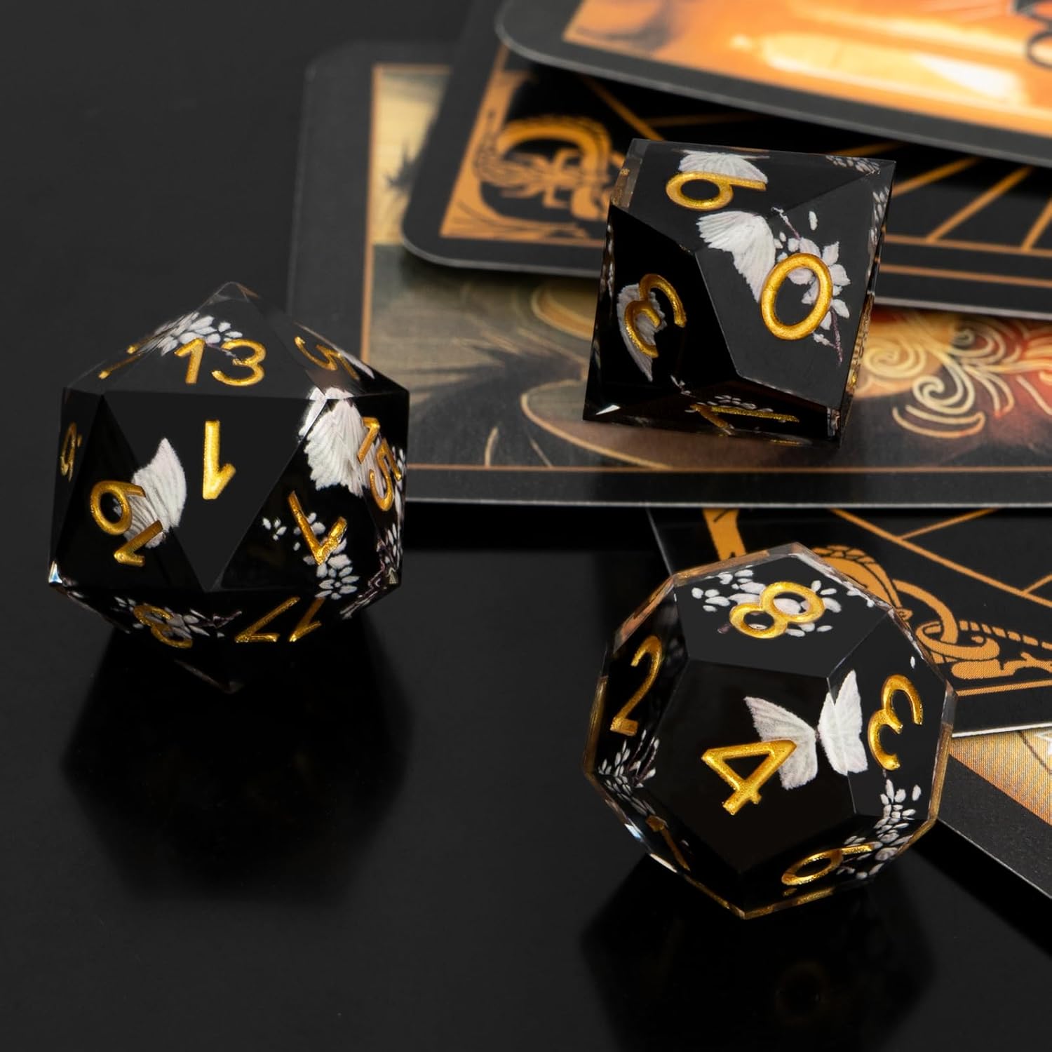 DND Polyhedral Dice Set for Role Playing Gaming with Box, Sticker Sharp Edged Polyhedral Resin DND Dice Set with Beauty Butterfly ＆ Flower Image, D% D20 D12 D10 D8 D6 D4 Dice RPG MTG Gift(Black)