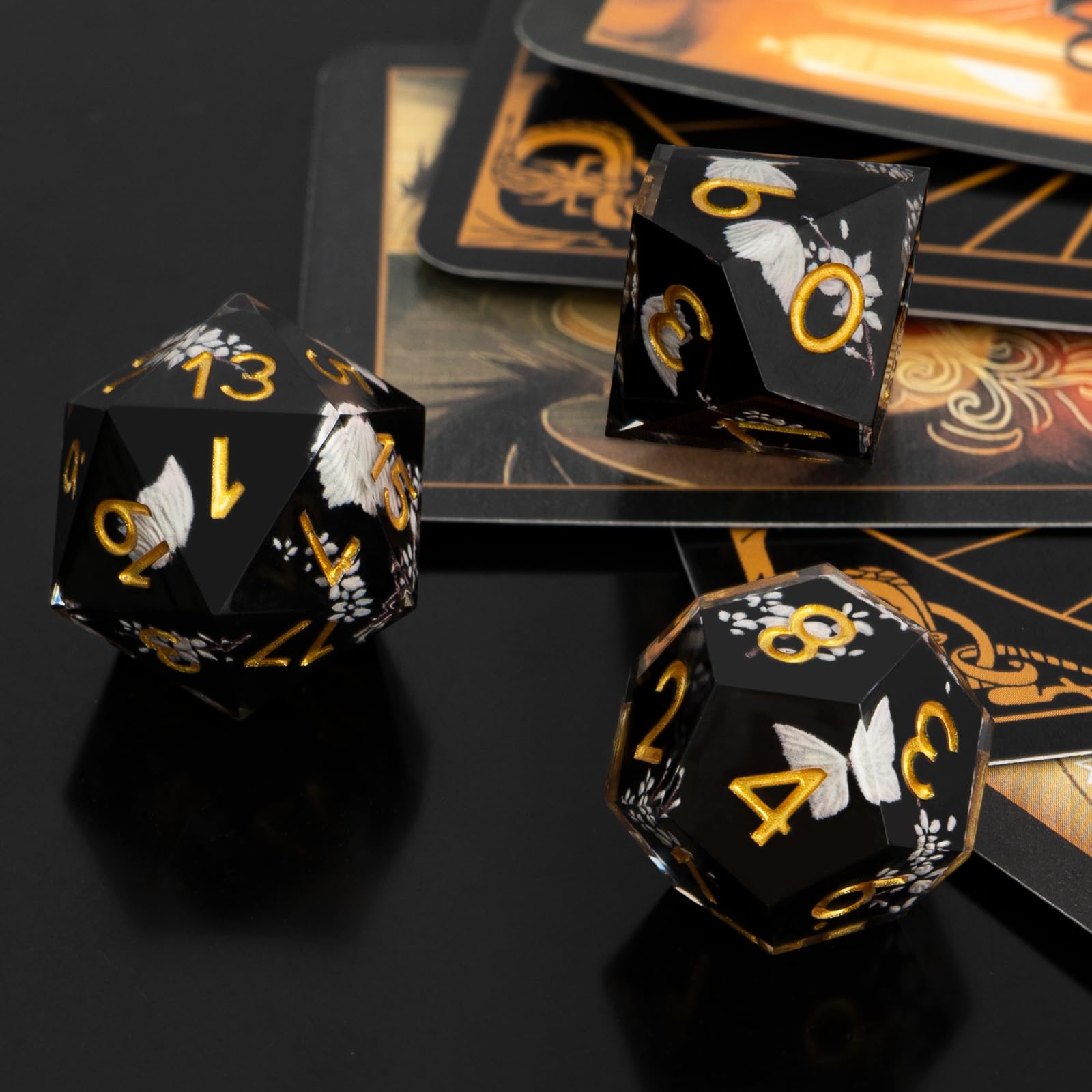 Set di dadi DND con dadi per giochi di ruolo, con scatola, adesivi in resina poliedrica con bordi affilati, set di dadi DND con immagine di farfalla e fiore, D% D20 D12 D10 D8 D6 D4 dadi RPG MTG