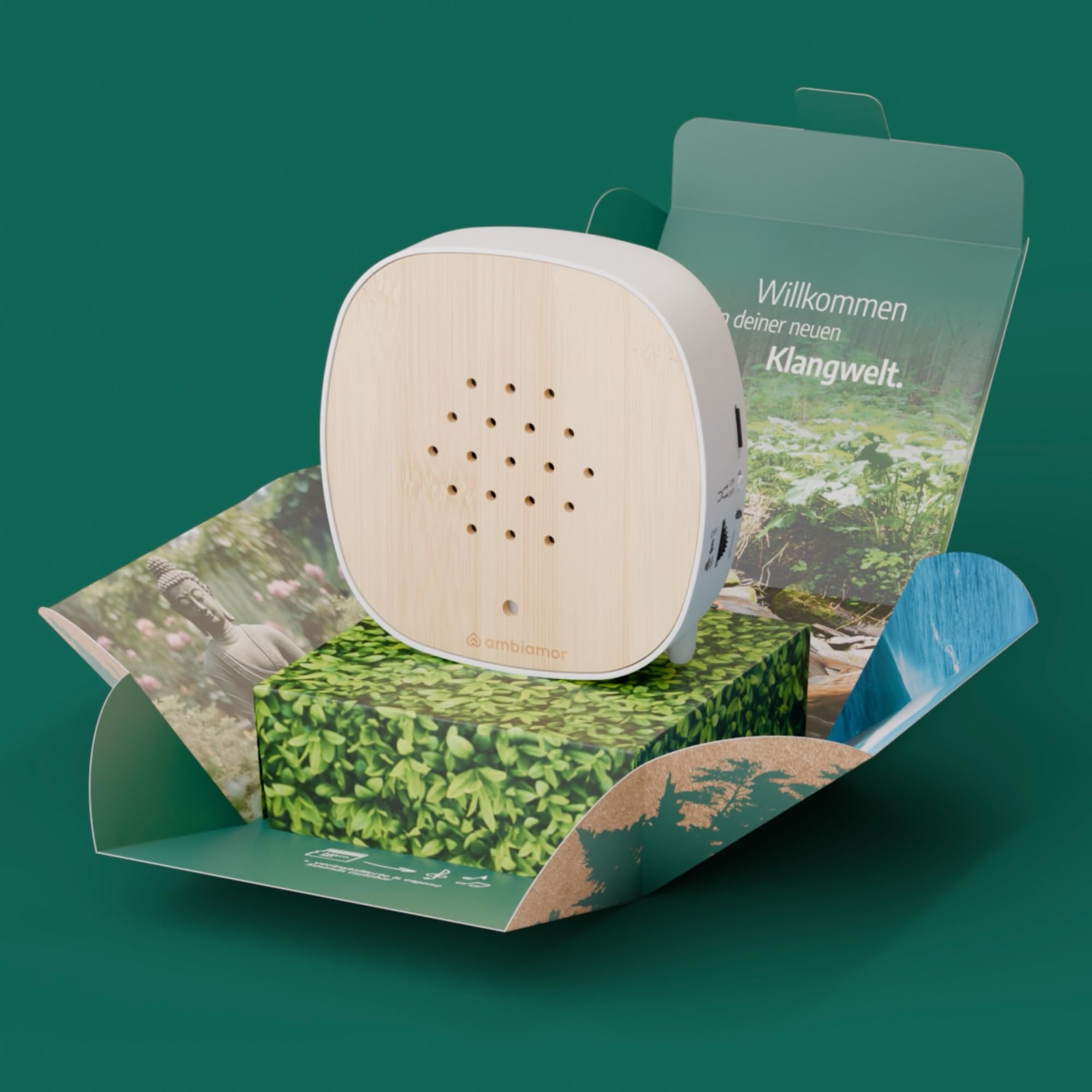 Klangbox frei bespielbar mit Speicherkarte - vorinstallierte Natursounds und Chillhop (Ambiente-Musik); Bewegungsmelder-Box wiederaufladbar mit 26 Styles + 39 Sounds