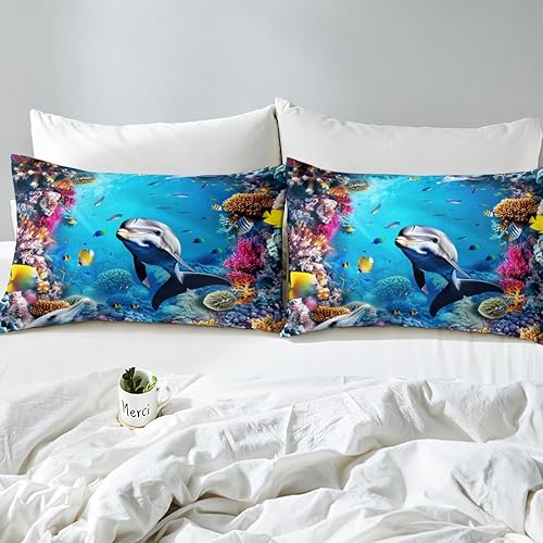 Miniatura 4 de Erosebridal Juego de sábanas de ballena tamaño matrimonial, sábanas 3D de peces de tortuga marina coloridas, sábana bajera ajustable de arrecife de