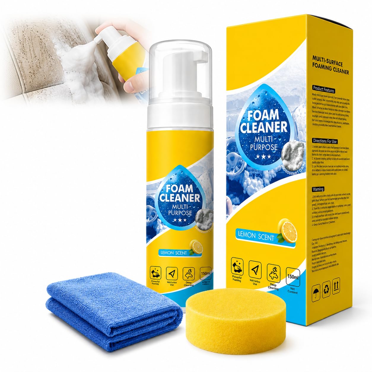 4-in-1 Mehrzweck-Schaumreiniger Spray, 150 ml / 5 fl oz, Reinigungsschaum zum Sprühen und Abwischen für Autoinnenraum, Küchenoberflächen, Badezimmerfliesen und Polster (2)