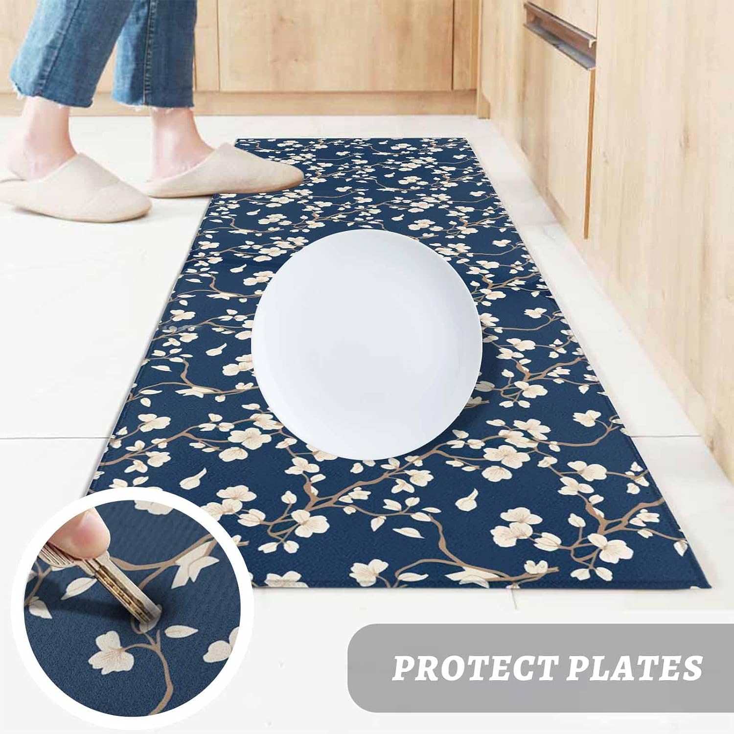 Teamery Kitchen Mats for Floor Pastoral Swirling Flowers Washable Non Slip Kitchen Rugs 1PCS, Blue and White Absorbent Standing Mats for Sink Bathroom Office Living Room 15.7x47.2in