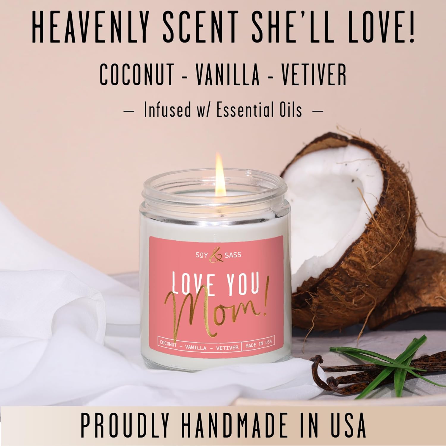 Gifts for Mom, Mom Birthday Gifts, Mothers Day Gifts for Mom - 'Love Mom' Soy Candle, w/Coconut & Vanilla I Birthday Gifts for Mom Gifts from Daugher or Son I 50Hr Burn, USA Made