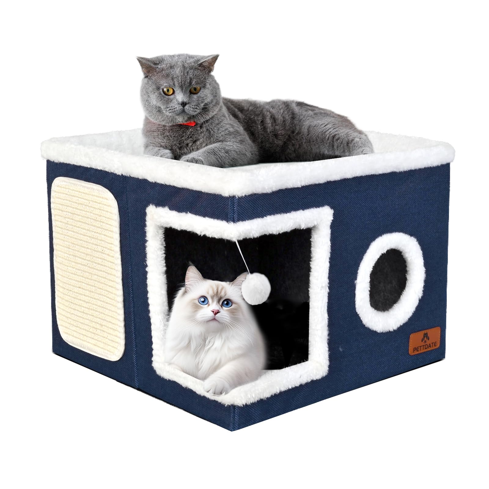 Cat Beds for Indoor Cats, Large Cat Cave Bed with Scratch Pad and Fluffy Ball, Foldable Cat Hideaway, Cat House with Reversible Cushion for Multi Small Pet Up to 30LBS, Blue
