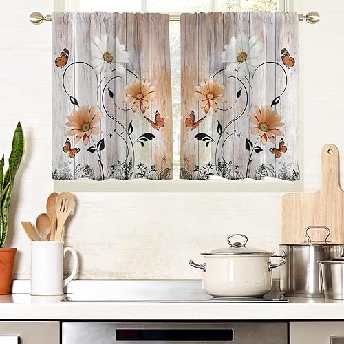 Miniatura 39 de AAtter Cortinas florales amarillas para ventana de cocina, diseño abstracto de margaritas blancas botánicas, pequeñas y cortas, para el hogar, sala