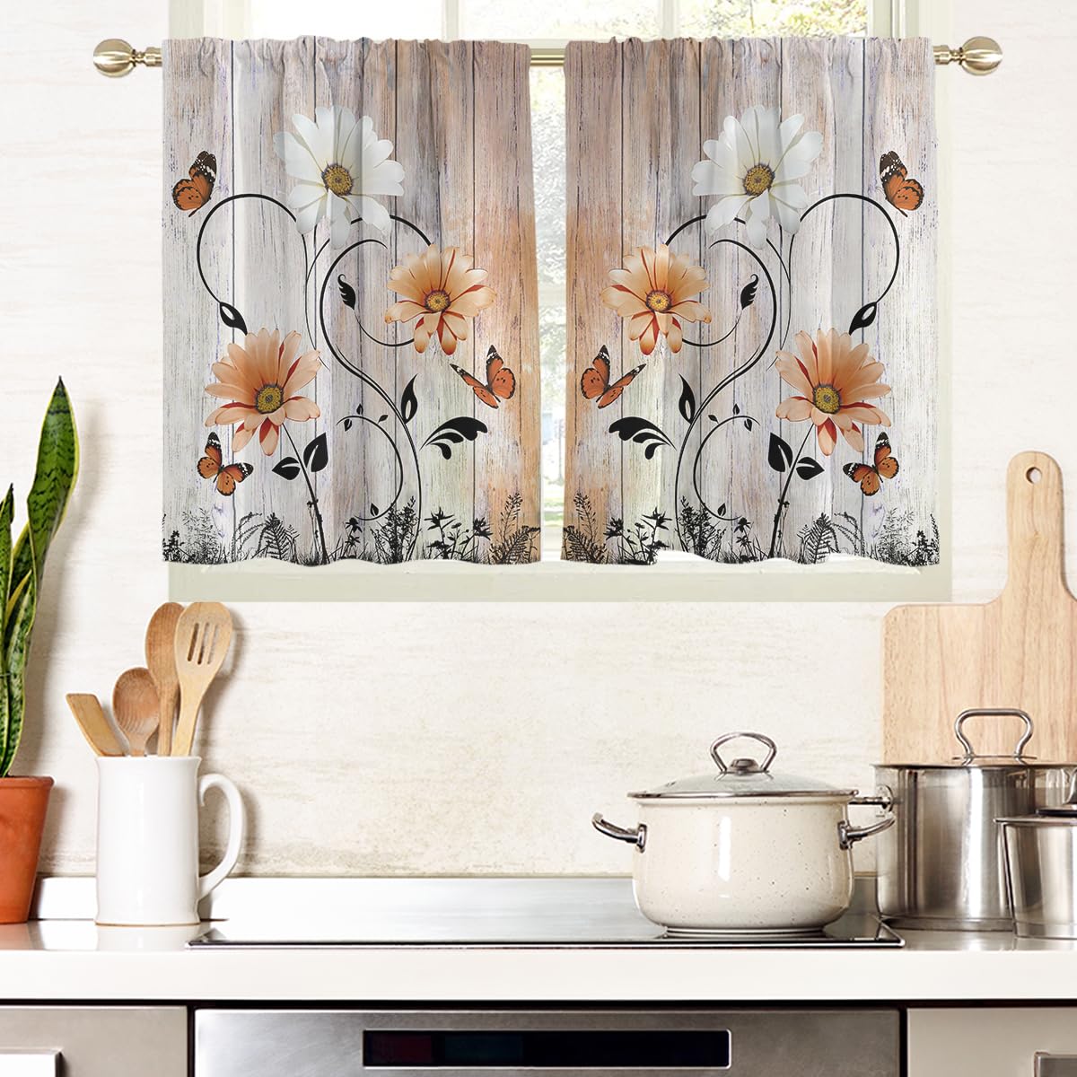 AAtter Orange Floral Kitchen Curtains