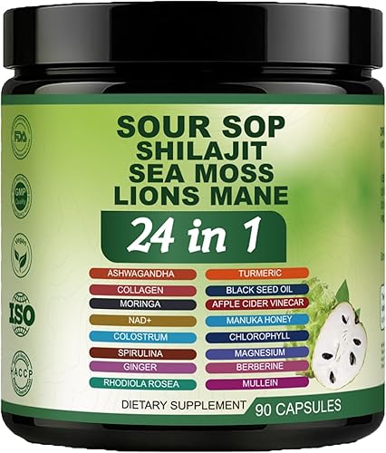 Cápsulas de guanábana - Cápsulas de guanábana graviola 24 en 1 con shilajit, musgo marino, melena de león, cúrcuma, ashwagandha, vegano, miel de