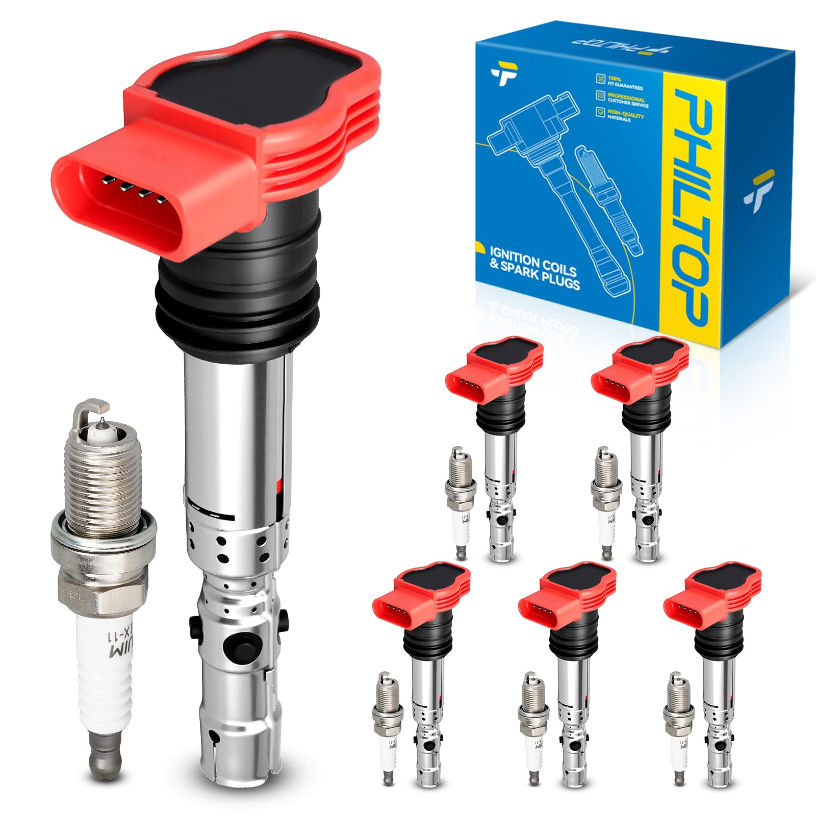 PHILTOP Ignition Coil Pack and Spark Plugs Fits for Audi 2002-2006 A4 Quattro 3.0L, Audi 2002-2005 A4 3.0L, Audi 2002 2004 A6 Quattro 3.0L, Audi 2002-2004 A6, 6PCS UF483