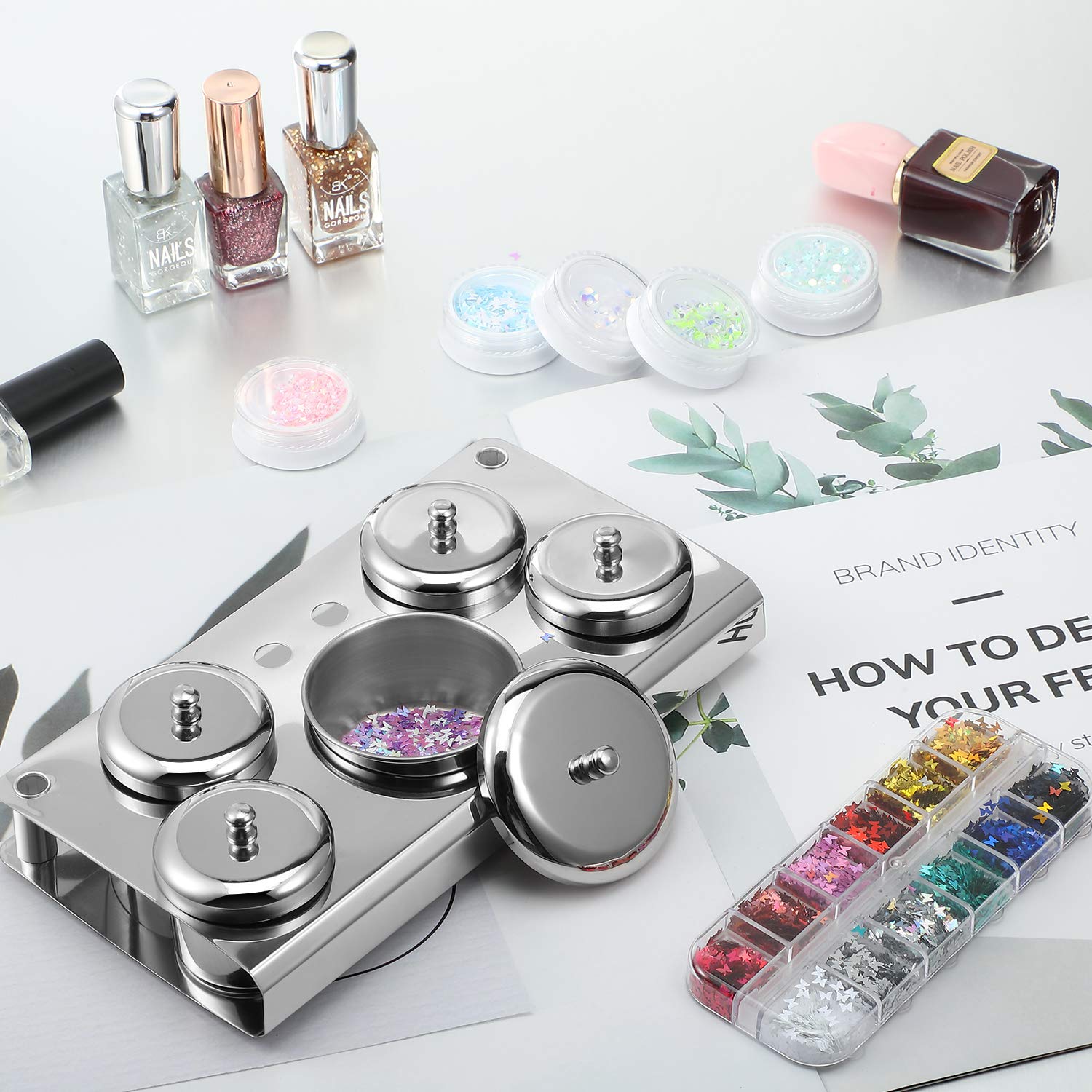 5 Pieces Nail Art Equipment Cup Bowls Stainless Steel Acrylic Liquid Powder Cup Stainless Steel Nail Powder Holder Container with Lids for Women Girls Nail Art Supplies : Beauty & Personal Care