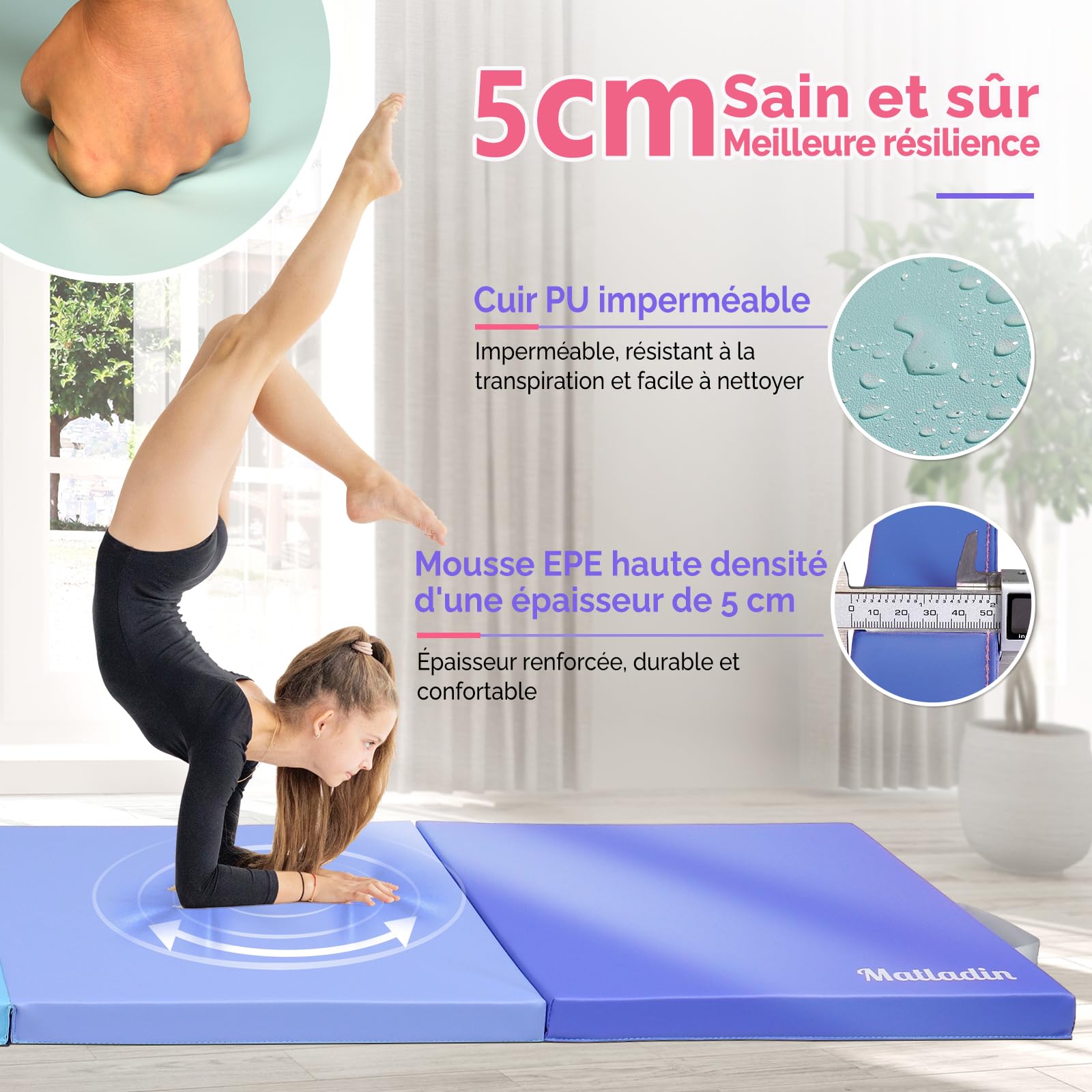 Bonnlo Tapis de Gymnastique Pliable, PU + EPE Épaissi, avec Poignée de Transport, Tapis de Sol Souple pour Enfants et Adultes