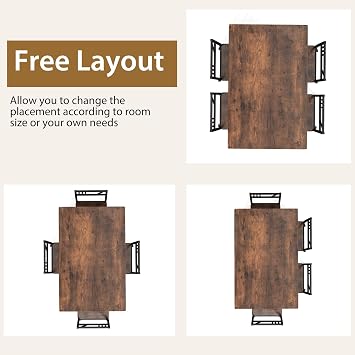 COSTWAY Dining Table and Chairs Set 4, Wood Effect Rectangular Kitchen Table and 4 Chairs with Curved Back, Metal Frame Space Saving Home Dining Room Furniture Set (Brown)