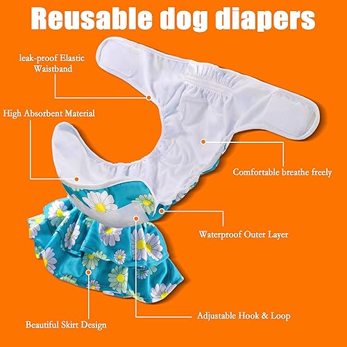 Miniatura 6 de Roncute Paquete de 3 pañales lavables para perras pañales reutilizables de alta absorción bragas para cachorros sin fugas para niñas y perritas en